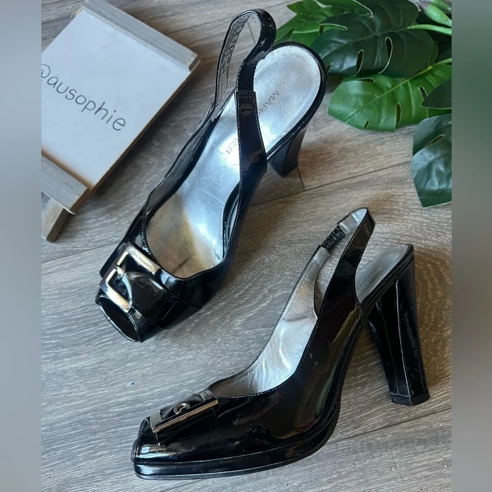 Marc fisher pilgrim buckle peep toe black patent slingback heel Size 7